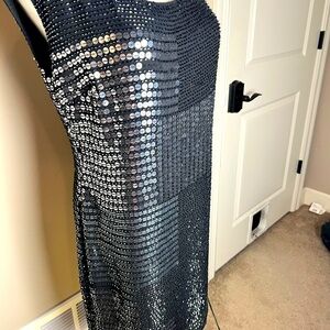 Adrianna Papell designer cocktail/NYE dress. Black and black sequence.